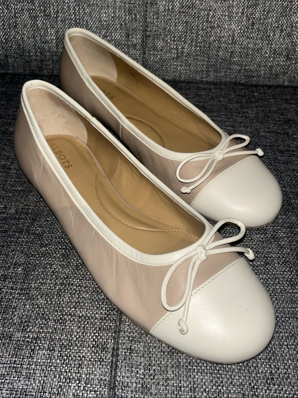 Talbots BLAIR - Tan and Ivory Leather Ballet Flats with Bow